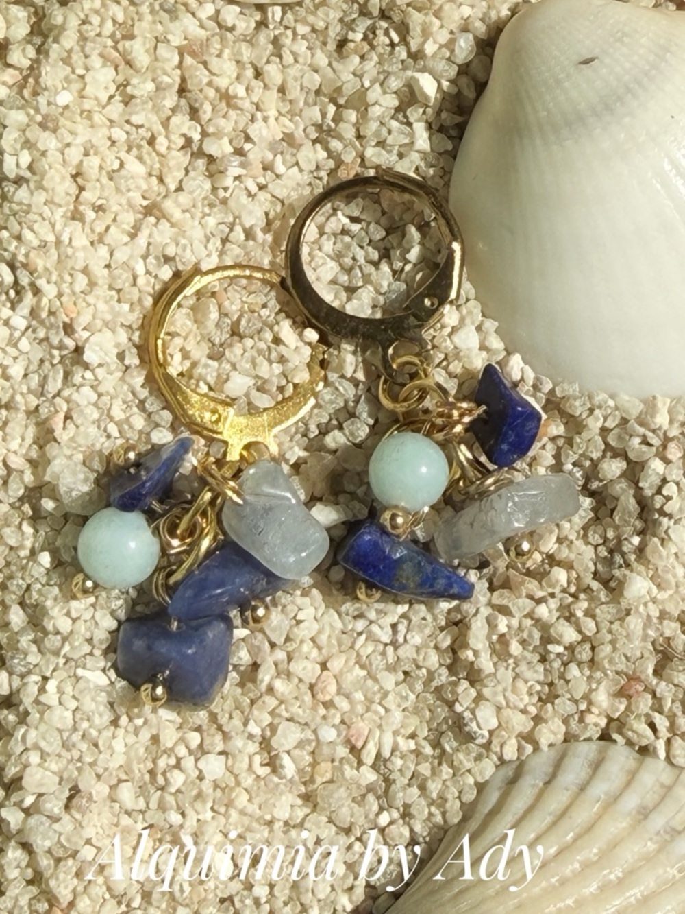 Alquimia Gold Hoop Earrings with Blue and Light Green Gem Charms
